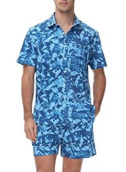 donhobo Freizeithemden für Herren Blumenhemd Hawaii Hemd Shorts Set Kurzarm Button Down Sommer Urlaub Beach Aloha Hawaiihemd (Blau, L) von donhobo