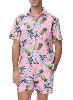 donhobo Hawaiihemd Herren Kurzarm Freizeithemden Fronttasche Hawaii-Print Ananas Palmen Blumen Urlaub Sommer Beach Shorts Shirts Sets (Rosa, 3XL) von donhobo
