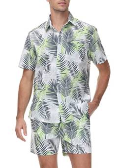 donhobo Hawaiihemd Herren Kurzarm Fronttasche Hawaii-Print Set Button Down Strandurlaub Freizeithemd Shirts Beach Shorts (Weißes Blatt, XXL) von donhobo