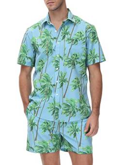 donhobo Hemd Herren Kurzarm Hawaiihemd Lässig Button Down Strandurlaub Hemd Sommer Bedruckter Strand Shorts Freizeit Shirts (Blau Grün, L) von donhobo