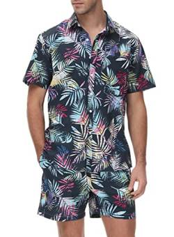 donhobo Herren Hemd und Shorts Sets Hawaiihemd Sommer Urlaub Beach Reise Shirt Button Down Kurzarmhemd Strand Surf Shorts (Schwarz, XXL) von donhobo
