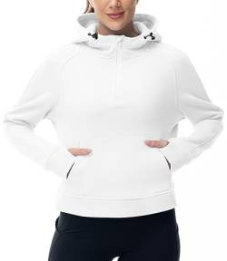 donhobo Kapuzenpullover für Damen Hoodie Fleece Gefüttert Half Zip up Sweatshirts Langarm Crop Tops Pullover mit Daumenloch, Weiß, M von donhobo