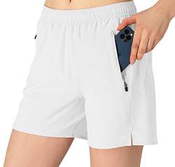 donhobo Shorts Damen Trainingsshorts Sommer Kurze Hosen Schnelltrocknende Laufshorts Sporthose mit Taschen (Weiß, S) von donhobo