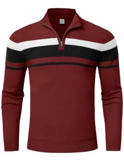 donhobo Sweatshirts für Herren 1/4 Zip Up Pullover Slim Fit Leichtes Lässiger Stehkragen Langarm Polo Strickpullover Herbst Winter Sweaters, Rot, L von donhobo