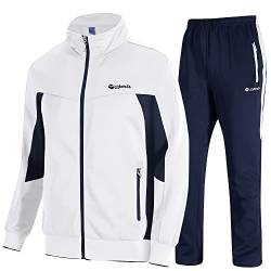 donhobo Trainingsanzug für Herren Sportanzug 2 Teiliges Outfit Sport Set Fitness Sporthose und Trainingsjacke Freizeitanzug Männer Jogginganzug (02weiß Marine, M) von donhobo