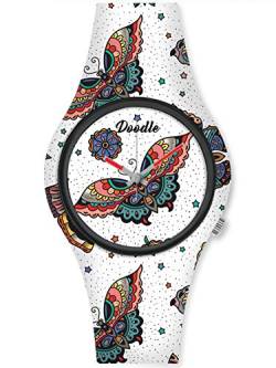 Doodle Watch Damenuhr Nature Mood Tattoouhr Schmetterling Blumen Sterne Weiss DO35010 von doodle