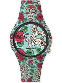 Doodle Watch Damenuhr Nature Mood Tattoouhr Totenkopf Skull Blumen Grün DO35012 von doodle