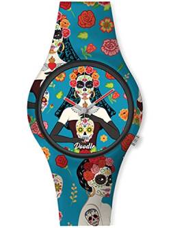 Doodle Watch Damenuhr Santa Muerte Mood Tattoouhr Totenkopf Skull Blumen Blau DO35011 von doodle