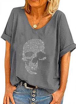 Strass Totenkopf Tops für Damen Fashion Skull Punk Rock Rundhals Kurzarm T-Shirt von doyouwantmore