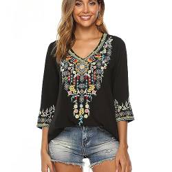 drakloak Bluse Stickerei Damen Boho Bestickte Oberteile Tunika Folklore Hippie Blusen Blumenmuster Oberteil Kurzarm Lose Tops（054 BK 2XL） von drakloak