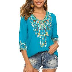 drakloak Bluse Stickerei Damen Boho Bestickte Oberteile Tunika Folklore Hippie Blusen Blumenmuster Oberteil Kurzarm Lose Tops（054 BL 3XL） von drakloak