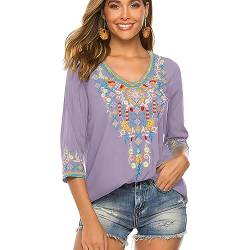 drakloak Bluse Stickerei Damen Boho Bestickte Oberteile Tunika Folklore Hippie Blusen Blumenmuster Oberteil Kurzarm Lose Tops（054 LPP M） von drakloak