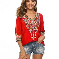 drakloak Bluse Stickerei Damen Boho Bestickte Oberteile Tunika Folklore Hippie Blusen Blumenmuster Oberteil Kurzarm Lose Tops（054 RD 3XL） von drakloak