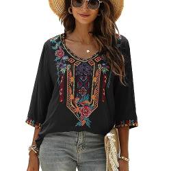 drakloak Bluse Stickerei Damen Boho Bestickte Oberteile Tunika Folklore Hippie Blusen Blumenmuster Oberteil Kurzarm Lose Tops(328 BK 2XL) von drakloak