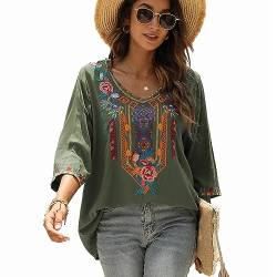 drakloak Bluse Stickerei Damen Boho Bestickte Oberteile Tunika Folklore Hippie Blusen Blumenmuster Oberteil Kurzarm Lose Tops(328 GR 2XL) von drakloak