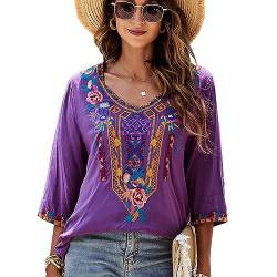 drakloak Bluse Stickerei Damen Boho Bestickte Oberteile Tunika Folklore Hippie Blusen Blumenmuster Oberteil Kurzarm Lose Tops(328 PP L) von drakloak