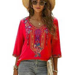 drakloak Bluse Stickerei Damen Boho Bestickte Oberteile Tunika Folklore Hippie Blusen Blumenmuster Oberteil Kurzarm Lose Tops(328 RD 2XL) von drakloak