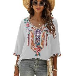 drakloak Bluse Stickerei Damen Boho Bestickte Oberteile Tunika Folklore Hippie Blusen Blumenmuster Oberteil Kurzarm Lose Tops(328 WT 2XL) von drakloak