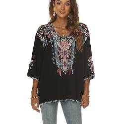 drakloak Bluse Stickerei Damen Boho Bestickte Oberteile Tunika Folklore Hippie Blusen Blumenmuster Oberteil Kurzarm Lose Tops(438 BK 3XL) von drakloak