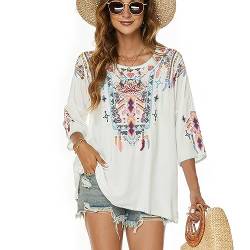 drakloak Bluse Stickerei Damen Boho Bestickte Oberteile Tunika Folklore Hippie Blusen Blumenmuster Oberteil Kurzarm Lose Tops(438 WT 2XL) von drakloak