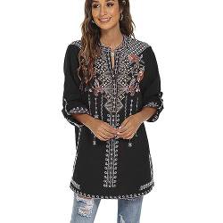 drakloak Bohemian Tops Besticktes Folklore Bluse Mexico Frauen Tunika Sommer Blusen mit Blumenmuster,Hippie Kleidung Damen Long Sleeves Blouse(127 BK 3XL) von drakloak