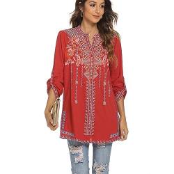 drakloak Bohemian Tops Besticktes Folklore Bluse Mexico Frauen Tunika Sommer Blusen mit Blumenmuster,Hippie Kleidung Damen Long Sleeves Blouse(127 RD 2XL) von drakloak