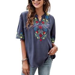 drakloak Boho Stickerei Bluse Hippie Kleidung Damen Bohemian Folklore Stickerei Bluse Kurzarm V Ausschnitt Tunika Sommer LäSsige Oberteil（323 BL 2XL） von drakloak