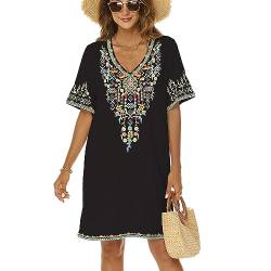 drakloak Damen Bohemian Stickerei Kleid Boho Mexican Peasant Dress V-Ausschnitt Feiertagskleid Hippie Bohemian Kleider Kurzarm Freizeitkleid mit Besticktes Blumen(445 BK S) von drakloak