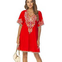 drakloak Damen Bohemian Stickerei Kleid Boho Mexican Peasant Dress V-Ausschnitt Feiertagskleid Hippie Bohemian Kleider Kurzarm Freizeitkleid mit Besticktes Blumen(445 RD M) von drakloak