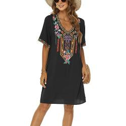 drakloak Damen Bohemian Stickerei Kleid Boho Mexican Peasant Dress V-Ausschnitt Feiertagskleid Hippie Bohemian Kleider Kurzarm Freizeitkleid mit Besticktes Blumen(446 BK 2XL) von drakloak