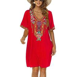 drakloak Damen Bohemian Stickerei Kleid Boho Mexican Peasant Dress V-Ausschnitt Feiertagskleid Hippie Bohemian Kleider Kurzarm Freizeitkleid mit Besticktes Blumen(446 RD M) von drakloak