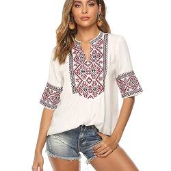 drakloak Damen Sommer Bluse Boho Stickerei Mexikanisch Tops V-Ausschnitt Shirt Kurzarm Boho Tunika Folklore Hippie Blusen(073 WT S) von drakloak