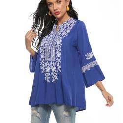 drakloak Damen Sommer Bluse Boho Stickerei Mexikanisch Tops V-Ausschnitt Shirt Kurzarm Boho Tunika Folklore Hippie Blusen(200 BL M) von drakloak