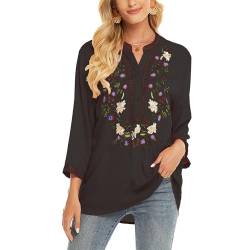 drakloak Damen Sommer Bluse Boho Stickerei Mexikanisch Tops V-Ausschnitt Shirt Kurzarm Boho Tunika Folklore Hippie Blusen(325 BK 3XL) von drakloak