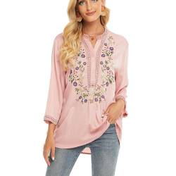 drakloak Damen Sommer Bluse Boho Stickerei Mexikanisch Tops V-Ausschnitt Shirt Kurzarm Boho Tunika Folklore Hippie Blusen(325 PK 2XL) von drakloak