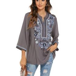 drakloak Damen Sommer Bluse Boho Stickerei Mexikanisch Tops V-Ausschnitt Shirt Kurzarm Boho Tunika Folklore Hippie Blusen(372 GY 3XL) von drakloak