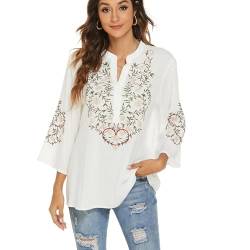 drakloak Damen Sommer Bluse Boho Stickerei Mexikanisch Tops V-Ausschnitt Shirt Kurzarm Boho Tunika Folklore Hippie Blusen（380 WT 2XL） von drakloak