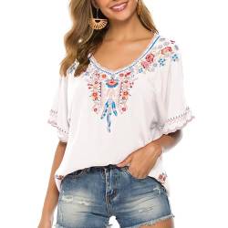 drakloak Damen Stickerei Bluse Bohemian Herbst Tunika Stickerei Folklore Tops V-Ausschnitt Shirt Sommer Tunika Blusen Boho Hippie Kurzarm Lose Oberteil(075 WT 2XL) von drakloak