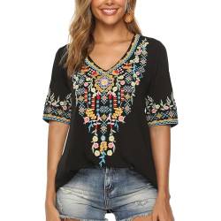 drakloak Damen Stickerei Bluse Bohemian Herbst Tunika Stickerei Folklore Tops V-Ausschnitt Shirt Sommer Tunika Blusen Boho Hippie Kurzarm Lose Oberteil（442 BK 2XL ） von drakloak