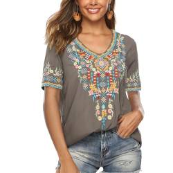 drakloak Damen Stickerei Bluse Bohemian Herbst Tunika Stickerei Folklore Tops V-Ausschnitt Shirt Sommer Tunika Blusen Boho Hippie Kurzarm Lose Oberteil（442 GY 3XL von drakloak