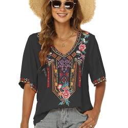 drakloak Damen Stickerei Bluse Bohemian Herbst Tunika Stickerei Folklore Tops V-Ausschnitt Shirt Sommer Tunika Blusen Boho Hippie Kurzarm Lose Oberteil(443 BK XL) von drakloak