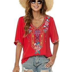 drakloak Damen Stickerei Bluse Bohemian Herbst Tunika Stickerei Folklore Tops V-Ausschnitt Shirt Sommer Tunika Blusen Boho Hippie Kurzarm Lose Oberteil(443 RD 3XL) von drakloak