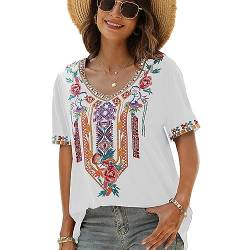 drakloak Damen Stickerei Bluse Bohemian Herbst Tunika Stickerei Folklore Tops V-Ausschnitt Shirt Sommer Tunika Blusen Boho Hippie Kurzarm Lose Oberteil(443 WT 2XL) von drakloak