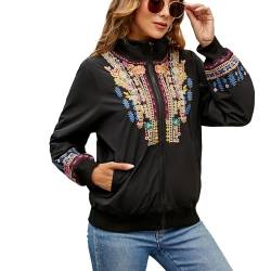 drakloak Damen Stickerei Jacket Stehkragen Reißverschluss Langärmelige Freizeitjacke mit Taschen Sweatshirtjacke Outdoor Top（743 BK S） von drakloak