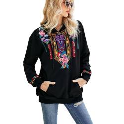 drakloak Kapuzenpullover Damen mit Stickerei,Bohemian Langarm Basic Hoodie Sweatshirt,Herbst Winter Oberteil Pulli.（621 BK 2XL） von drakloak