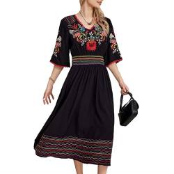 drakloak Kleid Stickerei Damen Sommer Kurzarm Stickerei Sommerkleider Boho Mexican Floral Stickerei Peasant Dress Hippie Elegantes Langes Kleid（013 BK 2XL） von drakloak