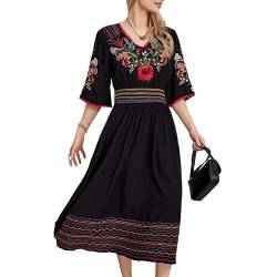 drakloak Kleid Stickerei Damen Sommer Kurzarm Stickerei Sommerkleider Boho Mexican Floral Stickerei Peasant Dress Hippie Elegantes Langes Kleid（013 BK M） von drakloak