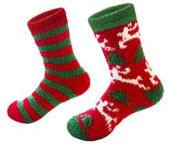 dressfan 2 Paare Weihnachtssocken Coral Fleece Winterbett Socken Warm, Weihnachtsbaum Rentier Schneemann Weihnachten Socken Weihnachts Geschenk für Familie Frauen Mädchen,EU 36-42 von dressfan