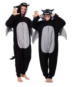 dressfan Erwachsene Drache Onesie Kostüm Strampler Pyjama Halloween Karneval Cosplay Kostüm Tier Familie Paar Pyjama Strampler für Damen und Herren,Schwarz,M von dressfan