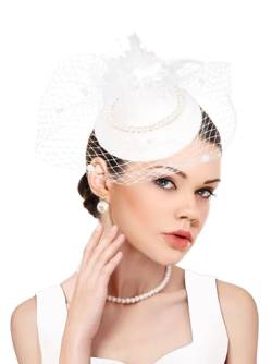 dressfan Fascinator Hut Damen Hochzeit Haarschmuck Schleier Hut Vintage Perle Stirnband Gatsby Haarreif 20er 50er Pillbox Hut Kopfschmuck für Hochzeit/Cocktail/Gatsby/Teeparty,Weiß von dressfan